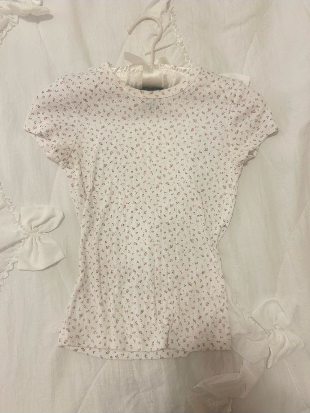 Women's White Crewneck Tee with Pink Floral Print